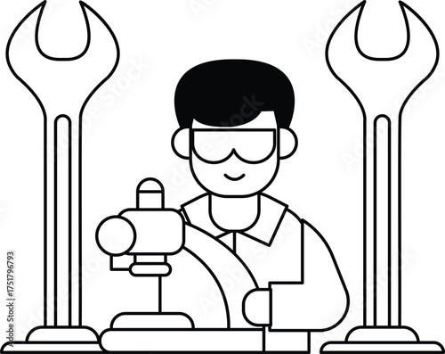 A man in a lab coat is working on a machine