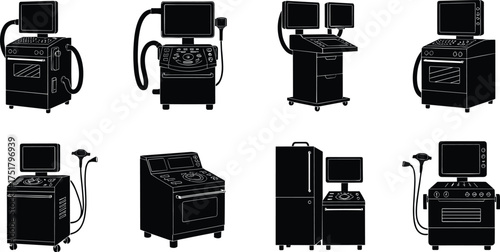 Black silhouette vector illustration of ultrasound machines, medical diagnostic equipment, hospital devices, healthcare tools, isolated icons on white background