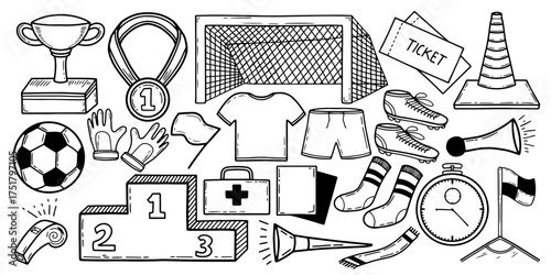 Hand drawn soccer icon set doodle style vector illustration. Football equipment sketch outline collection