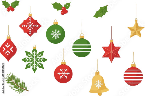Christmas Ornaments Set with Holly Leaves, Baubles, Stars, and Bells Illustration