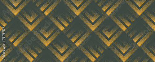 Vector abstract wide panoramic background with halftone chevron weaving squares in yellow green colour. Grainy texture, geometrical flow and elegant art deco retro vibe for bold, luxury visual design