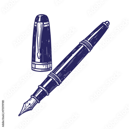 Detailed hand drawn illustration of a vintage fountain pen with cap separated isolated