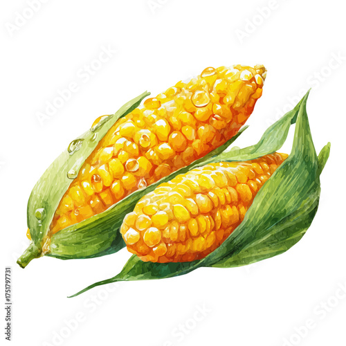 Sweet Corn watercolor vector, hand-painted style, high-quality illustration isolated on white background.