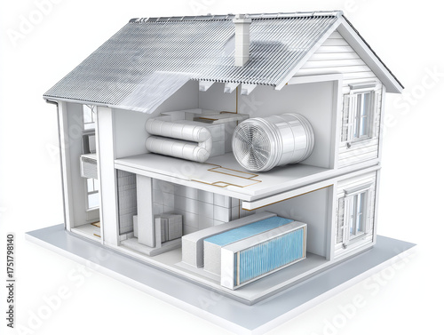 Home ventilation – Cutaway 3D illustration of a sustainable home ventilation system with heat exchanger, ducting, and air filters.