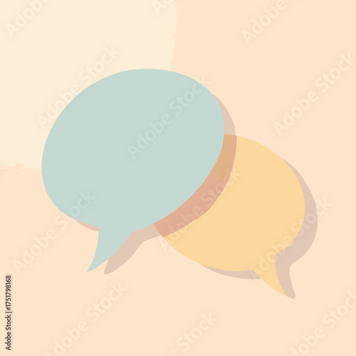 Two overlapping speech bubbles, one light blue and one pale yellow, casting soft shadows on a peach-colored background, suggesting conversation and communication.