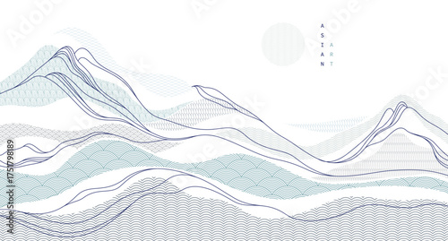 Oriental Japanese style vector abstract illustration, background in Asian traditional style, wavy shapes and mountains terrain, runny like sea lines.