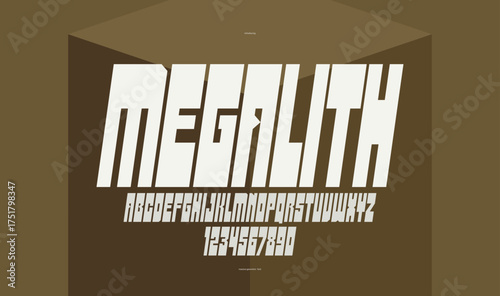 Geometric bold and strong vector font for logos and emblems, heavy letters alphabet for posters and advertising, display typeface with huge brutal and urban letters, italic version.