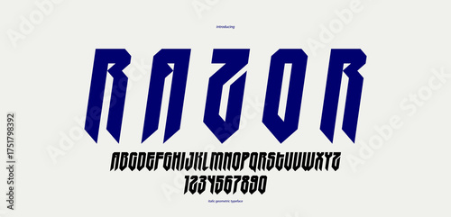 Sharp and bold vector display italic font for logo, gothic or heavy metal style modern typeface, edgy hard rock letters and numbers alphabet for titles or slogans, heavy typography.