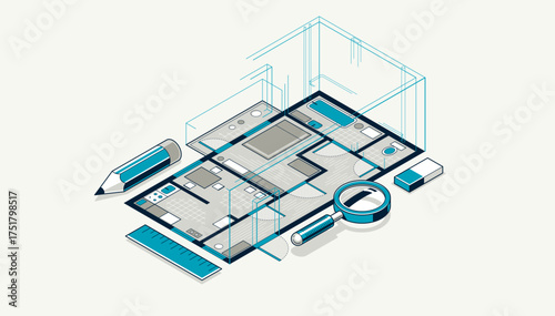 Floorplan implementation drawing with pencil, flat plan residential house or apartment blueprint, 3D isometric vector illustration, interior design project top view.