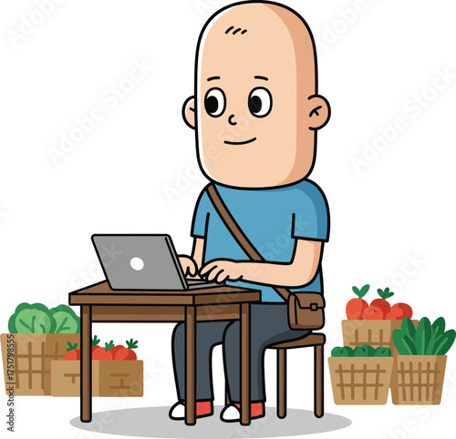 Man typing on laptop with fresh vegetable crates nearby for online grocery or farm business