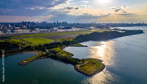 Aerial View of a Vibrant Coastal City and Airport