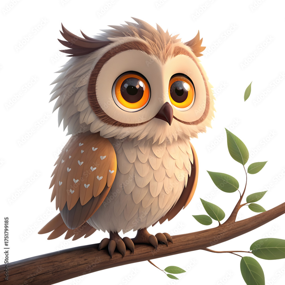 Fototapeta premium Cute cartoon owl with big eyes sitting on a branch at night