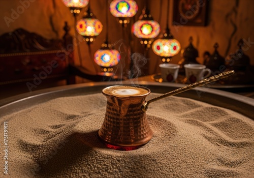 Turkish coffee brewing in a copper cezve on hot sand with traditional lanterns in background