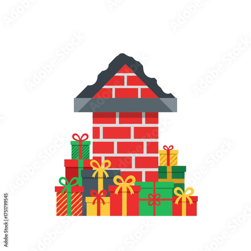 Christmas Chimney with Stack of Presents and Gifts.