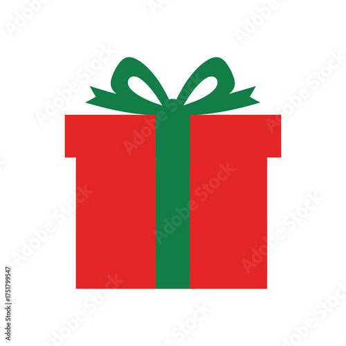 Red Gift Box with Green Ribbon and Bow.