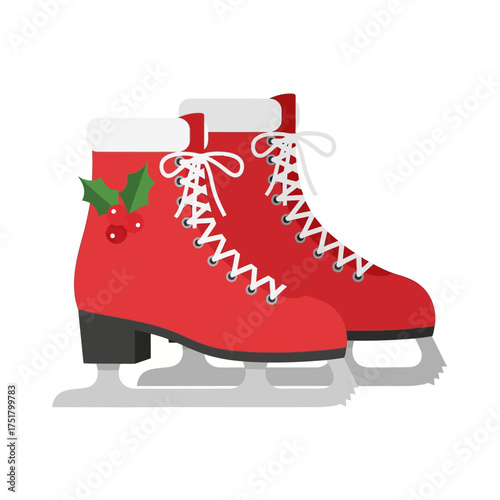 Pair of red ice skates with white laces and blades for winter sports.