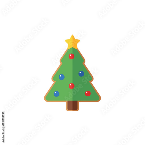Festive Christmas tree illustration with ornaments and a star on top.