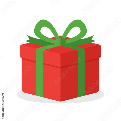 A bright red gift box with a green ribbon and bow.