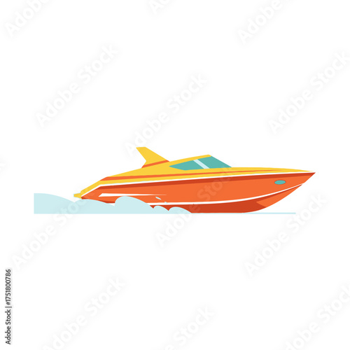 Orange speedboat gliding across the water with a yellow fin and sleek design.