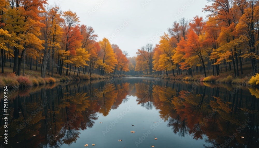 Fototapeta premium Autumn Reflections in a Tranquil Lake Surrounded by Colorful Trees During a Foggy Morning