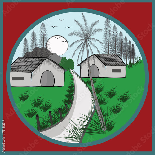 Wall art portrays a peaceful countryside scene with small houses, palm trees, and mountains under a soft sky. A winding path leads through lush green grass, evoking calm rural simplicity and natural.