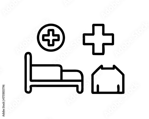 Illustration of hospital bed, medical cross, and patient gown