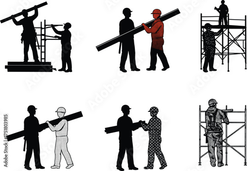 Construction workers on scaffold, teamwork with beams, safety gear, occupational vector set, CAD drawing flat vector illustration, silhouette style design