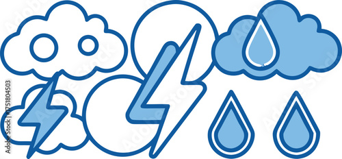 Blue storm weather icons lightning clouds rain drops thunder