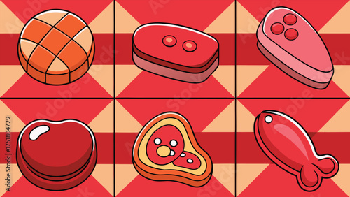 Red and orange meat illustrations on geometric background food