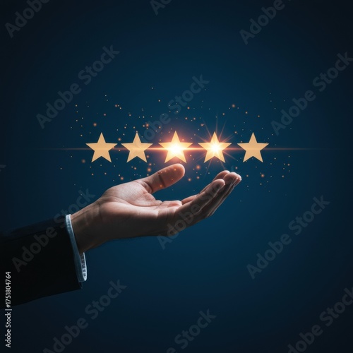 Hand Offering Five Glowing Stars Customer Satisfaction Rating Concept Dark Blue Background Lighting