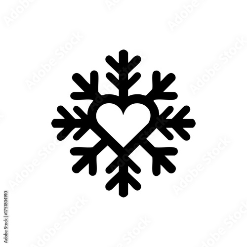Delicate snowflake with a heart at its center, blending winter chill with warmth and love for holiday or romantic winter themes.