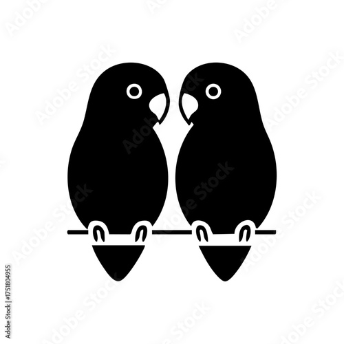 Minimalist black vector icon of two lovebirds sitting together, symbolizing affection, companionship, and romantic connection.
