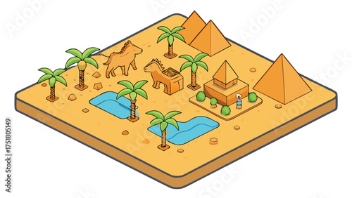 Egyptian desert scene with pyramids palm trees and horses oasis