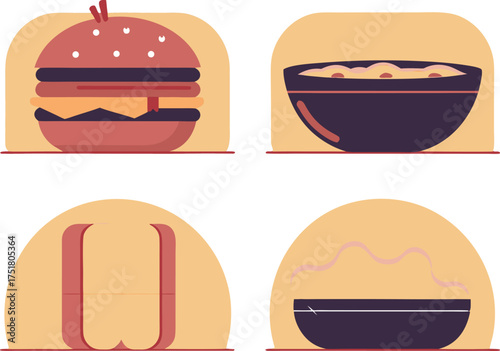 Layered burger steaming soup bread wrap food