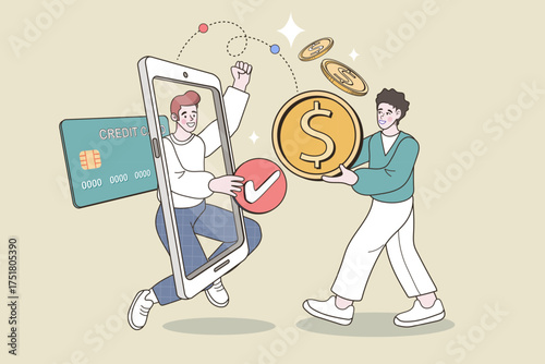 A successful online transaction is completed. A happy character jumps out of a phone to receive a payment, symbolizing an easy digital money transfer, fintech, and e-payment services.