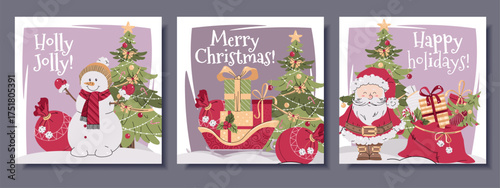 Festive Square Christmas Card Collection with Santa, Snowman, Sleigh with gift box and Decorated Tree. Ideas for Posters, Holiday Marketing, Seasonal Social Media and Festive Invitations