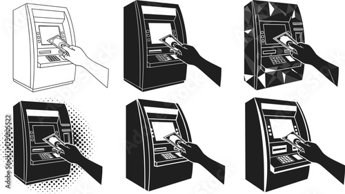 Automated Teller Machine Icon Set, Hand Inserting or Withdrawing Cash Banknote from ATM, Banking Service, Financial Transaction, and Technology Vector Illustration