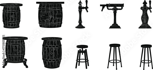 Bar and Pub Furniture and Equipment Icon Set, Wooden Barrels, Beer Tap Dispensers, and High Bar Stools Silhouette Vector Illustrations Collection