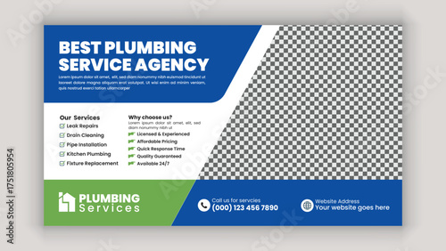 Plumbing Handyman Services Social Media Horizontal Banner Design Template for Pipe Repair, Faucet Installation, Toilet Fixing, Drain Cleaning, and Home Maintenance Services