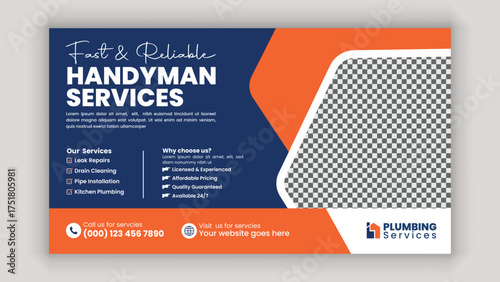 Handyman Plumbing Services Horizontal Banner Template for Faucet Fixing, Water Leak Repair, and Pipe Installation