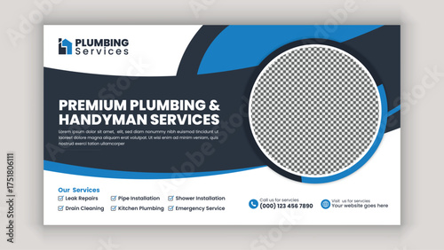 Water Leak and Plumbing Repair Services Banner and Social Media Design Template for Home Improvement