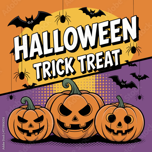 Halloween Trick Treat: Captivating illustration, vibrant pumpkins gleam in the eerie moonlight, with spider and bat soaring, setting the scene for trick-or-treating and festive celebration.