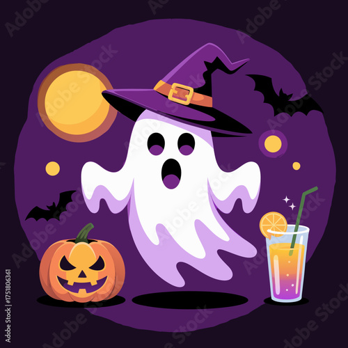 Halloween Ghost Celebration: A spooky cartoon illustration featuring a friendly ghost with a witch hat, a carved pumpkin, a refreshing beverage, and a swarm of bats.