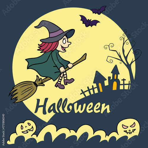 Whimsical Halloween Ride: A jovial witch, her pointy hat askew, soars across a luminous moonlit sky on her trusty broomstick, as the spooky night. Perfect for Halloween, with other ghostly elements.