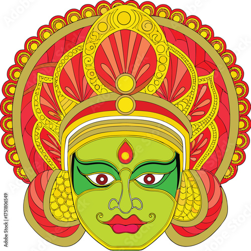 Green Kathakali mask with red and yellow headdress