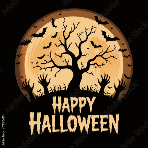 Spooky Night: A shadowy silhouette of a gnarled tree, menacing hands and soaring bats evoke an eerie ambiance in the full moon. Celebrating the chilling spirit of Halloween.