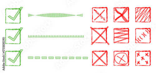 Hand drawn green check mark and red cross mark isolated on white background, representing positive and negative choices, perfect for surveys and feedback forms