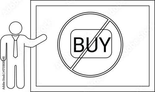 A person in a suit gestures toward a framed no buy sign