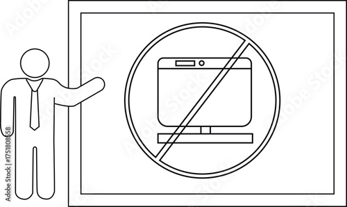 A person in a suit points to a sign with a monitor inside a circle with a line through it