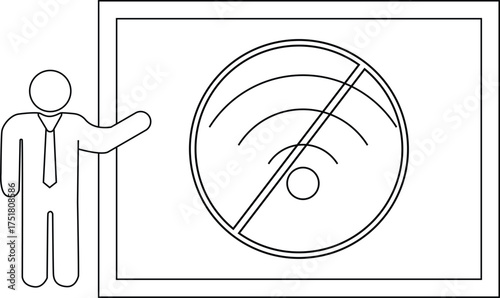 A person points to a screen displaying a crossedout WiFi symbol indicating no wireless internet access